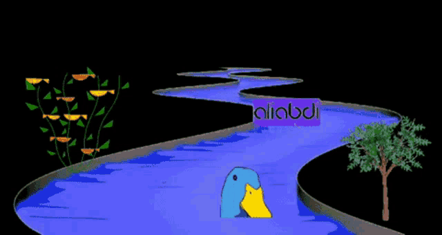 a cartoon drawing of a river with a duck and a sign that says alicbol