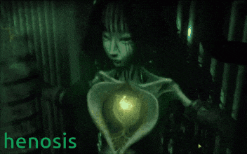 a video game screen shows a woman with a heart in her chest and the word henosis below her