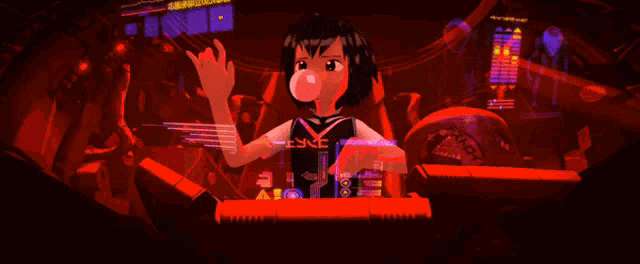 a cartoon girl is standing in front of a display that says ' tokyo ' on it