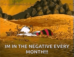a cartoon of a duck laying in a pile of coins with the words `` im in the negative every month '' .
