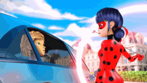 a ladybug standing next to a man in a blue car