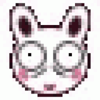 a pixel art drawing of a rabbit 's face with big eyes and glasses .