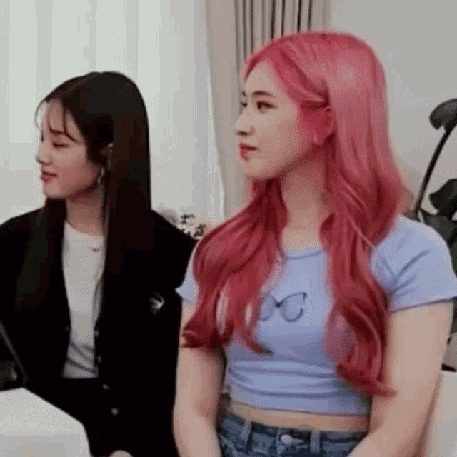 two girls with pink hair are sitting next to each other in a room .