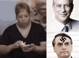 a woman and two men with swastikas on their foreheads .