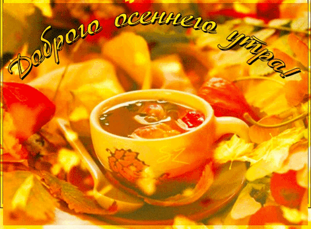 a cup of coffee sits on a saucer with autumn leaves around it