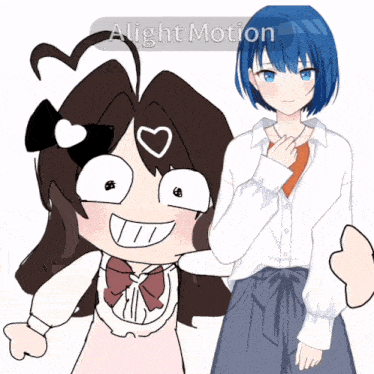 a cartoon girl with a heart on her head is standing next to a boy with blue hair and the words " alight motion " above them
