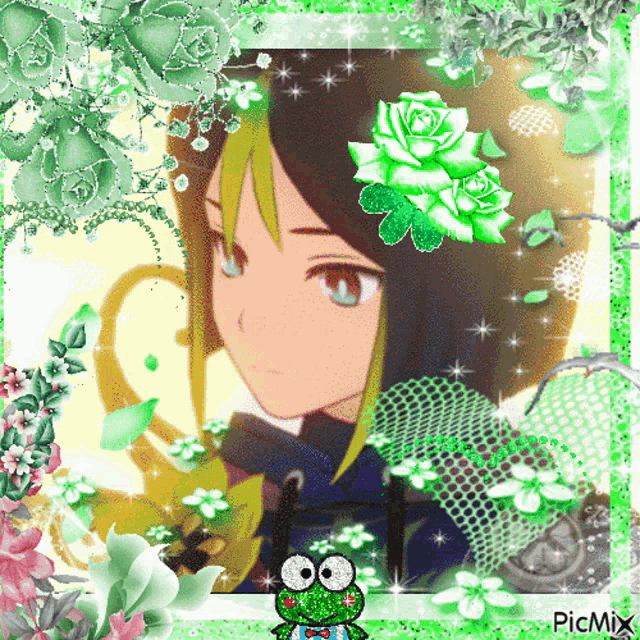 a picture of a girl with green roses in her hair and a frog with big eyes