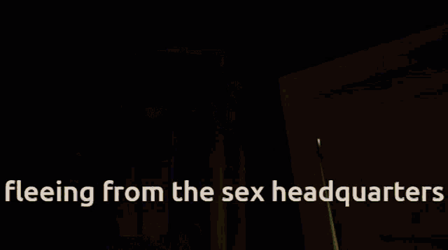 a cartoon character is standing in a doorway with the words " fleeing from the sex headquarters " written below him