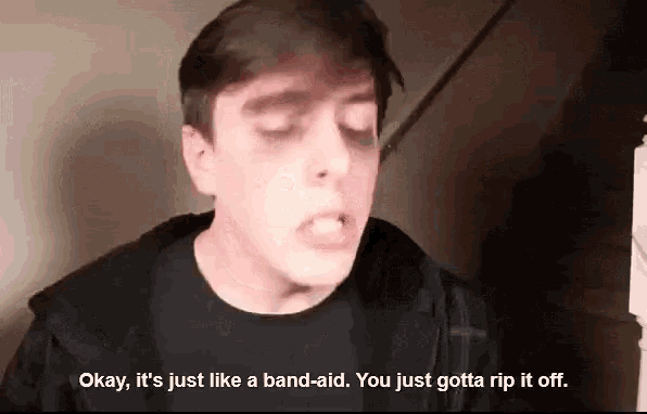 a young man is making a funny face and saying `` okay , it 's just like a band-aid . ``
