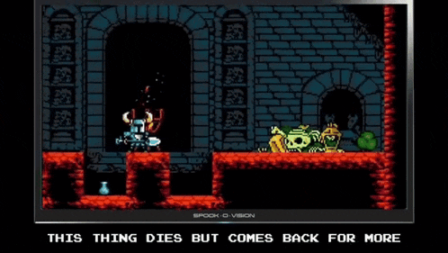 a screenshot of a video game with the words this thing dies but comes back for more on the bottom