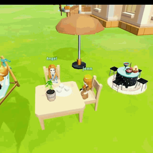 a girl in a video game is sitting at a table with a speech bubble that says or iced coffee