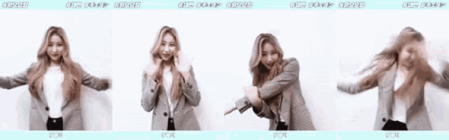 a woman in a plaid jacket is shown in a series of images with the letters iok on the bottom