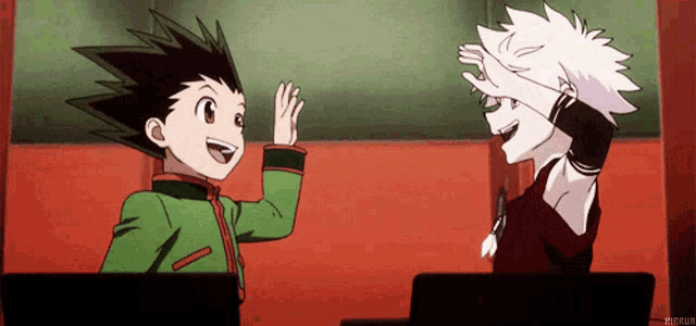 two anime characters are giving each other a high five and one of them is wearing a mask