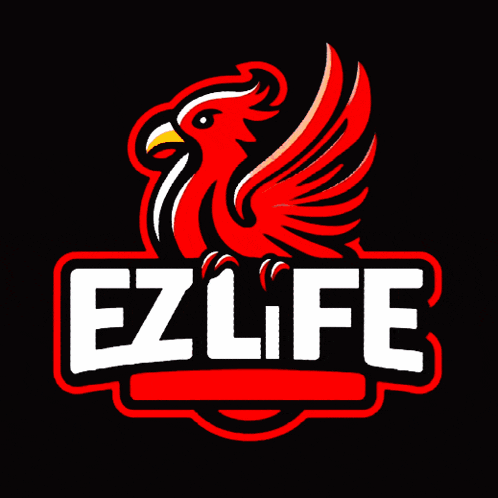 a logo for ezlife shows a bird with green and red wings