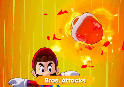 a cartoon of mario kicking a fireball with the words bros. attacks above him
