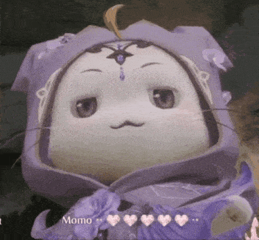 a video game character named momo with hearts around her