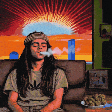 a man with long hair and a marijuana shirt is smoking