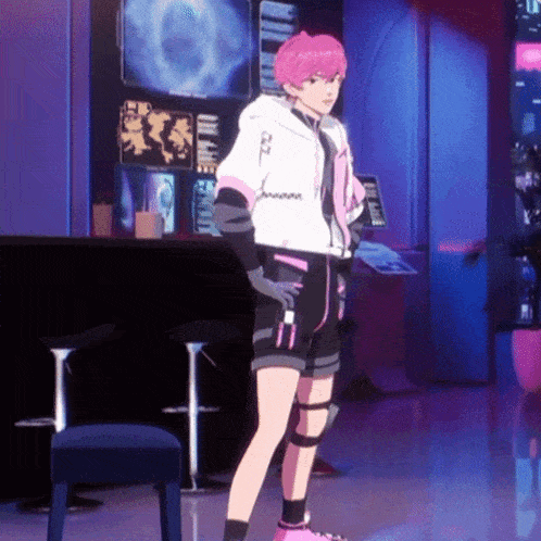 a cartoon character with pink hair is standing in front of a computer screen