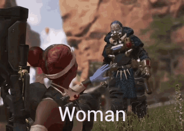 a woman is putting her hand on a man 's face in a video game called apex legends