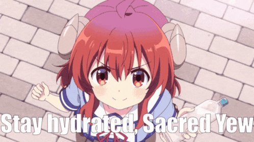 a girl with horns is holding a bottle of water with the words stay hydrated sacred yeah written below her