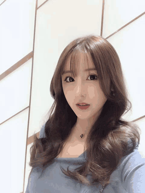 a woman with long brown hair is wearing a blue top and a necklace