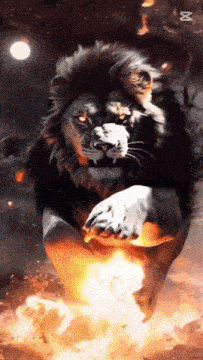 a lion is surrounded by flames and the letter m is visible