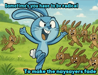 a cartoon of a rabbit with the words " sometimes you have to be radical to make the naysayers fade " below it