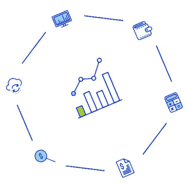 a circle of icons surrounding a graph with a dollar sign in the center .