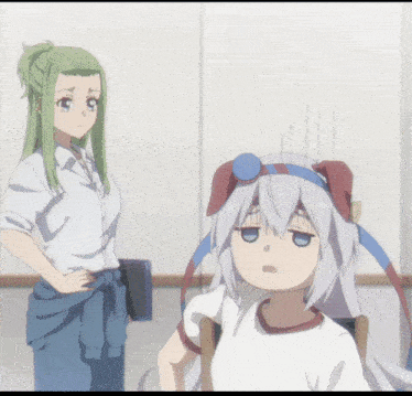 a girl with green hair is standing next to a girl with gray hair