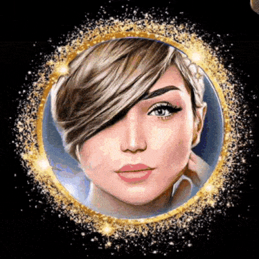 a woman with short hair is in a gold frame