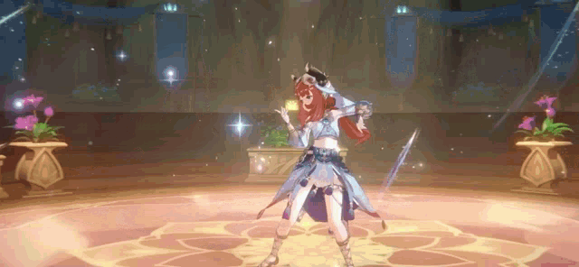 a girl with red hair is holding a sword in a room .