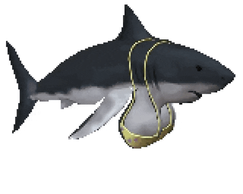 a pixel art of a shark with a gold necklace around its neck