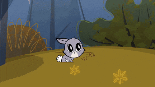 a cartoon rabbit with sharp teeth and a key in the ground