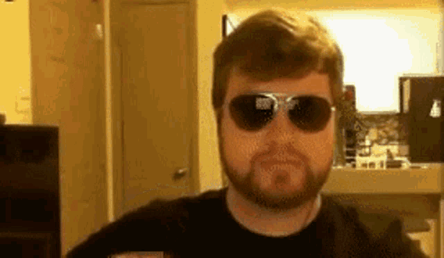 a man with a beard is wearing sunglasses and looking at the camera