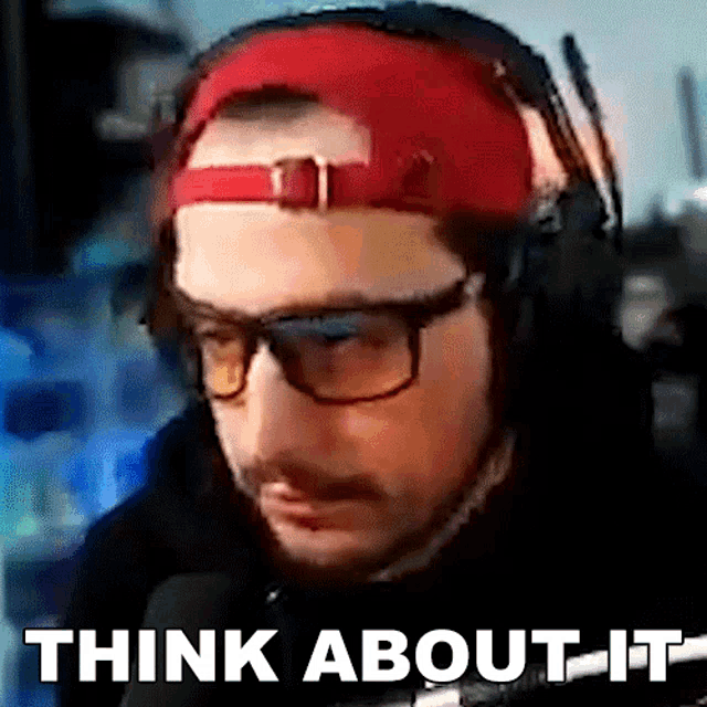 a man wearing glasses and a red hat has the words think about it above him