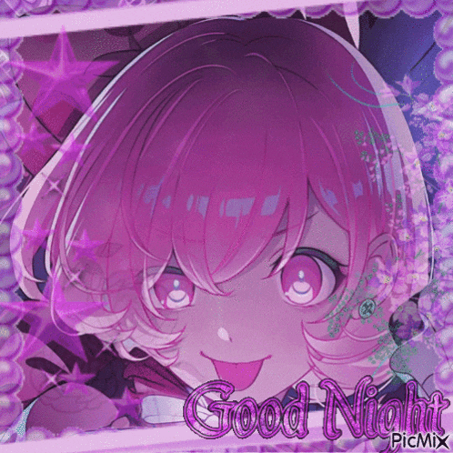 a picture of a girl with purple hair says good night picmix