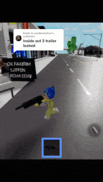 a screenshot of a video game with a person holding a gun and a sign that says inside out 3 trailer leaked