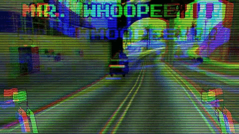 a video game screen shows a car driving down a street and the words mr. whoopee !