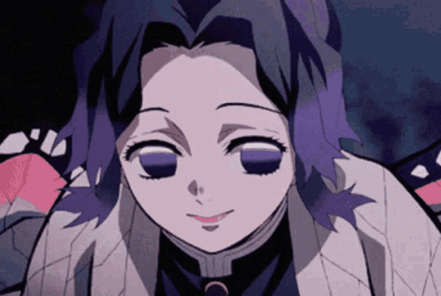 a close up of a girl with purple eyes