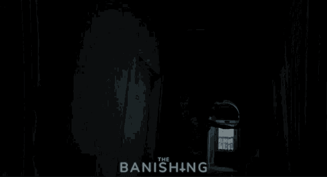 a woman in a white dress is running through a dark room with the words the banishing behind her
