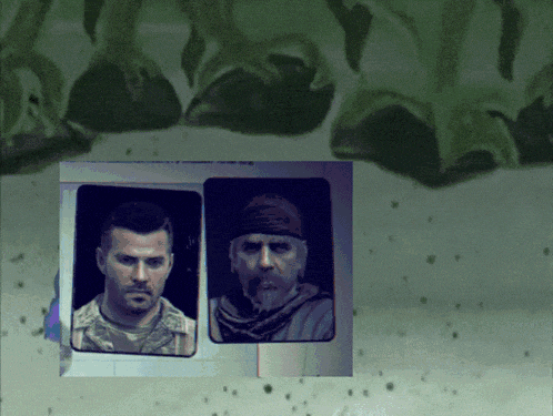 two men are standing next to each other and one has a scarf around his head