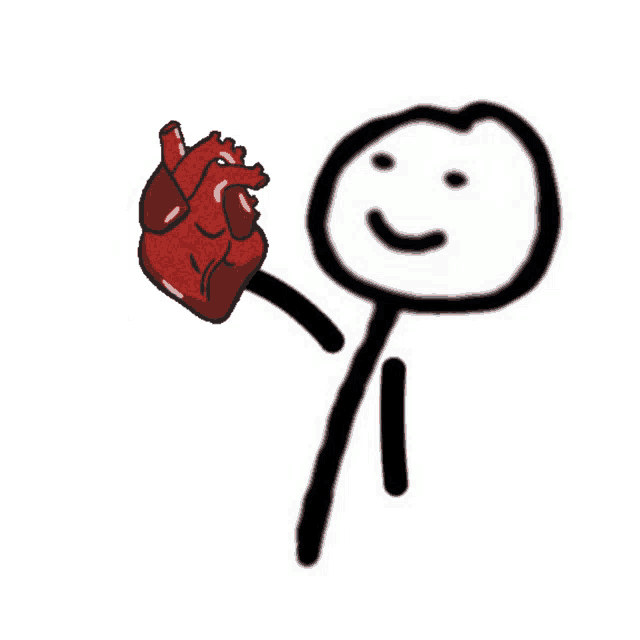 a stick figure is holding a red heart with a smile on his face