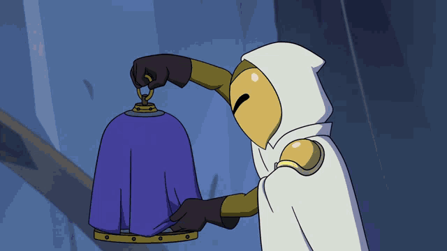 a cartoon character in a white cape is holding a blue cloth