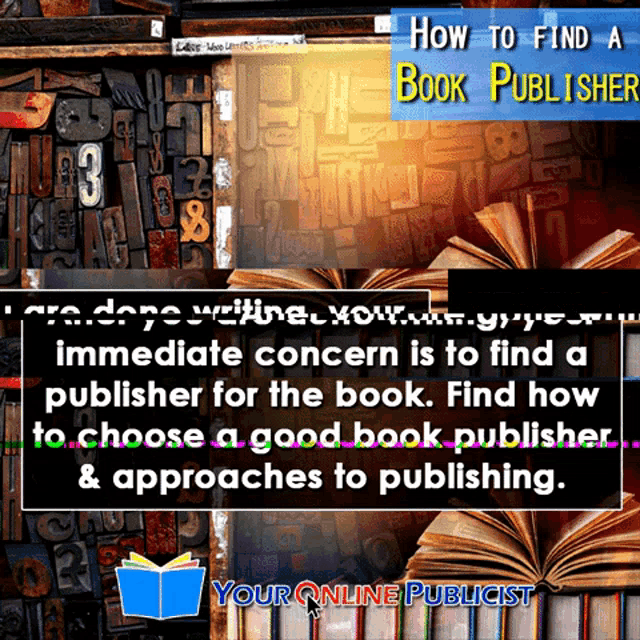 how to find a book publisher is written on a blue banner