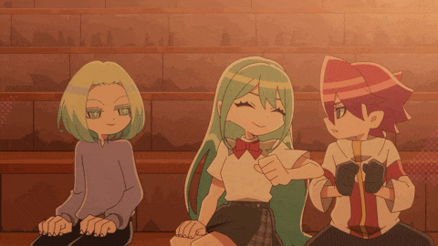 three cartoon characters are sitting next to each other and one of them is giving a thumbs up