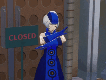 a girl in a blue dress is standing in front of a closed sign
