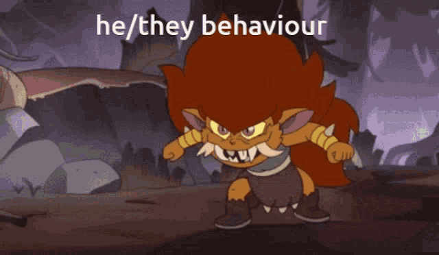 a cartoon of a monster with the words he / they behaviour