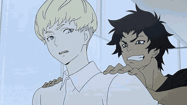 two anime characters are standing next to each other with one screaming