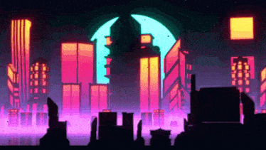 a cartoon illustration of a city at night with a full moon in the background