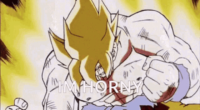 a cartoon of a man with a fist and the words `` i 'm horny '' written above him .